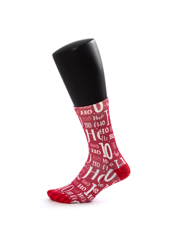 Rote Socken mit Ho-ho-Ho-Weihnachtsdruck