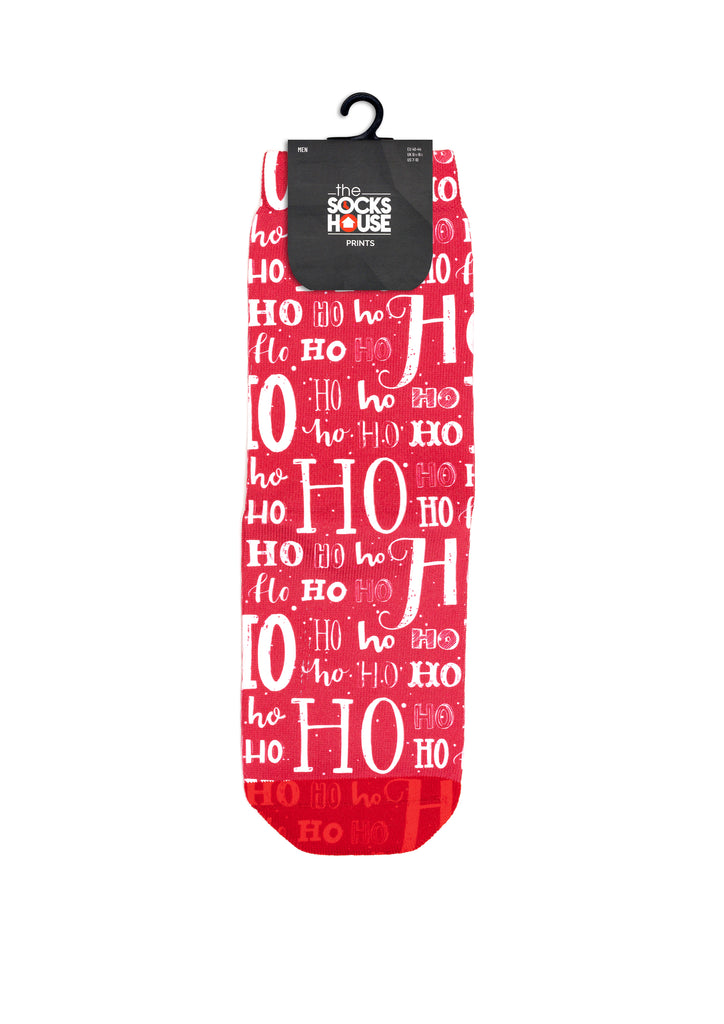 Rote Socken mit Ho-ho-Ho-Weihnachtsdruck